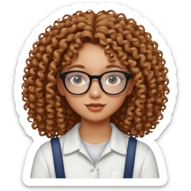 make a really curly hair, teen girl with glasses and little acne that looks like freckles longer like more than shoulder lengthcurly hair, and pretty withe makeup on giving clean girl vibes, and make her have tan skin

 sticker