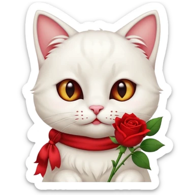 Cute emoji-style white cat holding a red rose in its mouth, big round eyes with visible white sclera, smaller pupils, soft warm brown irises, fluffy fur, clean mascot style, gentle cute expression, centered, transparent background, 1:1 ratio. sticker