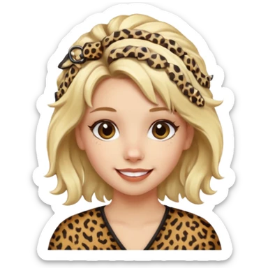 Une fille blonde et joyeuse. Elle porte une coiffure rock et originale avec des barrettes pour cheveux  léopard et motif peau de vache. sticker