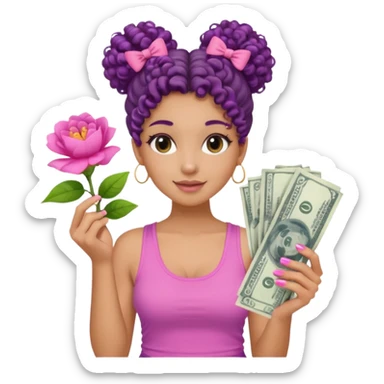 Uma menina com o cabelo cacheado com um Coque com baby hair, morena, e com uma regata rosa com unha em gel,e com dinheiro na mão ,e com flores na outra mão  sticker
