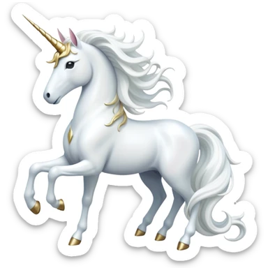 cinematic-beautiful-white-unicorn-full body-emoji,-poised-and-regal,-with-a-slender,-ethereal-form-draped-in-a-pristine-white-color,-a-flowing-mane-and-tail,-and-a-glistening,-spiraled-horn-that-radiates-pure-light,-simplified-yet-sharp-and-majestic, zoomed out to show a majestic unicorn sticker