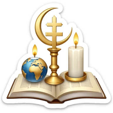 An icon featuring a holy book, a candle, and a cross, symbolizing religious studies. The design includes a globe with various religious symbols: a crescent moon and star (Islam), a lotus flower (Buddhism), representing global belief systems. Transparent background. sticker
