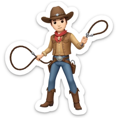 cowboy man holding a whip, dynamic pose, western outfit, adventure vibe, 3D cartoon, mobile game icon style, clean background, no text, no watermark
 sticker