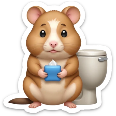 Cute chubby cartoon-style hamster sitting on toilet pooping looking as if he had an accident sticker