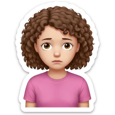 Young girl with unkempt curly hair and a pink T-shirt, looking sad and discouraged sticker