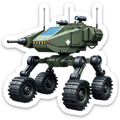 a roomy American 8-wheel armored medical personnel stealth camouflage army massive mech trail vehicle shooting forward side-hill leaning actively robotically articulating hydraulic independent suspended pod gimbal enemy mech off-road racing rover with large fast engine RC basher crawler megatron  sticker