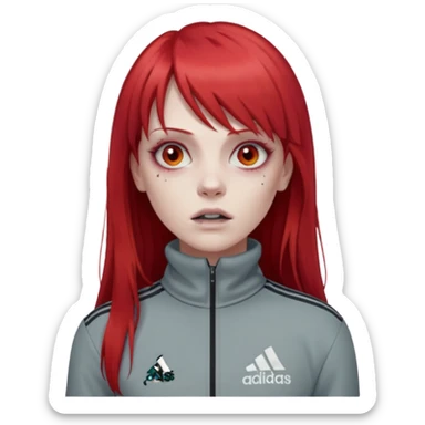 Crie um emoji de uma menina zumbi  com o cabelo vermelho longo com uma franja reta casaco de gola alta da adidas sticker