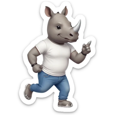friendly anthropomorphised rhino in jeans and t-shirt, wearing dark sunglasses, jogging upright, relaxed pose sticker