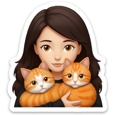 dark-black-brown-hair-to-shoulder girl with brown eyes snuggled with orange tabby cat sticker