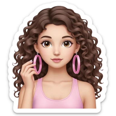 cute balayage brunette long hair curly/wavy haired girl, hoop earrings, clean girl makeup DOING pilates with a cute pastel pink set sticker
