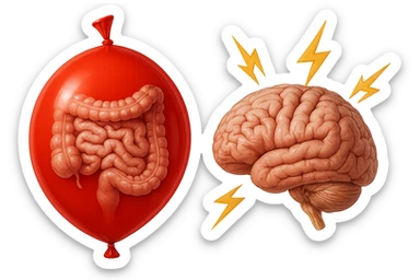 intestino umano anatomico chiuso in un palloncino rosso che simboleggia gonfiore, accanto un cervello anatomico con fulmini vicino che simboleggiano "stress", iperrealistico 4k sticker