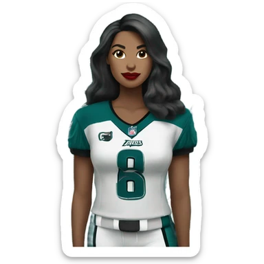 White female long dark hair red lips wearing Philadelphia Eagles jersey sticker