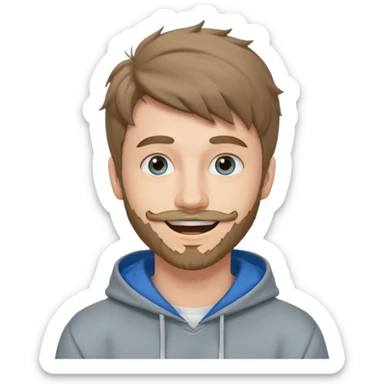 20 year old man, short scruffy beard and thin moustache, brown puffy mullet, blue eyes, big smile, white teeth, big lips, pronounced jaw, hair longer in back, sticking up on top, thin face, grey hooded sweatshirt, pale skin, big smile, blue eyes, puffy hair that is long in back sticker