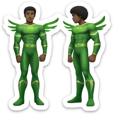A full body Muscular Afro teenage boy standing in green superhero costume as the Sub Mariner or Prince Namor with “wings on each ankle. sticker