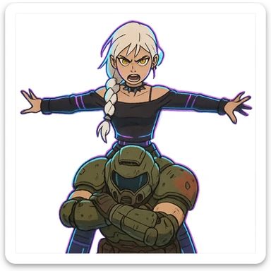  young woman with gold yellow eyes, white hair, long braid, black off-shoulder top, punk gothic style, futuristic cyberwave cyberpunk,, she is aggresively t-posing over a cowering doomguy sticker
