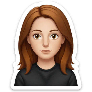 A 38 year old white woman with long brunette hair parted in the middle. She has her nose pierced. Her nose is medium sized. She has brown eyes. She has freckles and is wearing a black sweatshirt sticker