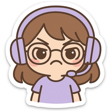 Edit the image to depict a female brunette with glasses and a purple gaming headset in chibi style, with an angry facial expression. Keep the background transparent. sticker