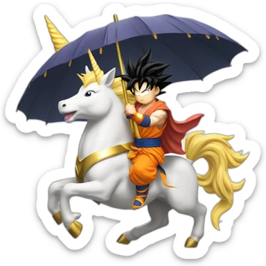 god goku riding a super saiyan unicorn with umbrella in hand sticker