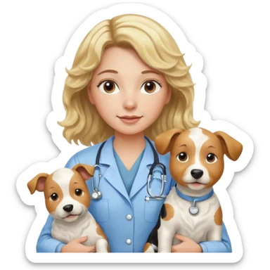 Joven mujer, de cabello bajo los hombros rubio con ondas, veterinaria de perros, vacas y caballos, con traje clínico celeste, sin delantal sticker