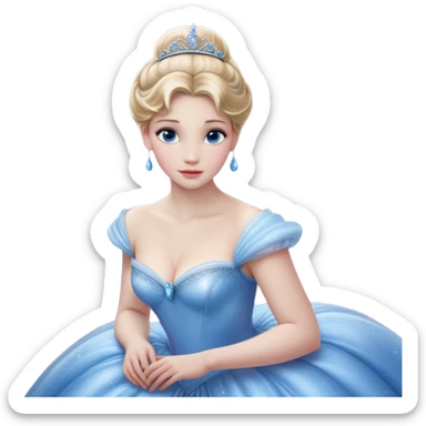 Cinematic Realistic Cinderella Portrait, depicted with lifelike skin texture, subtle rosy undertones, and soft natural lighting that enhances the gentle contours of her face. Her intricately detailed golden blonde hair is elegantly styled in an updo, with delicate wisps framing her face. Her deep, expressive blue eyes radiate warmth and sincerity, reflecting a quiet resilience and grace. She holds a glass slipper gently in one hand, her other hand resting gracefully at her side, emphasizing the timeless beauty of the moment. She is dressed in her iconic ball gown, the fabric shimmering with intricate embroidery and fine translucent layers that catch the light beautifully. The soft sheen of satin gloves adds a magical touch to her graceful pose. The portrait features an enchanting glow with a natural, luminous finish, seamlessly blending realism and fairytale charm to evoke a sense of depth, elegance, and timeless beauty. sticker