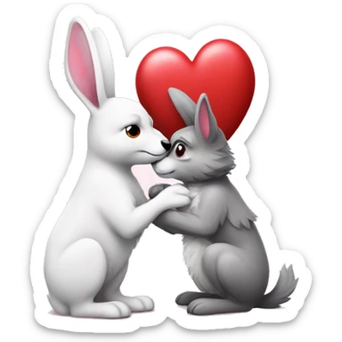 Old Wolf kisses a white Bunny who has pink ears, with big red heart between them sticker