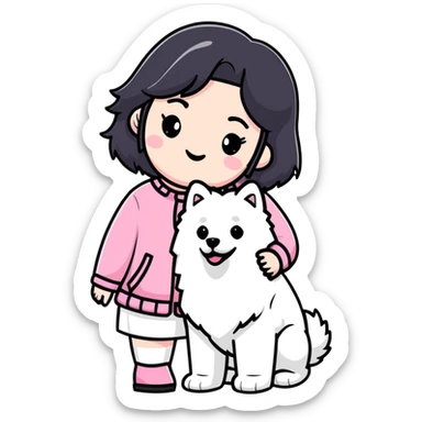 black-haired girl in pink Chanel style outfit with white Samoyed dog sticker