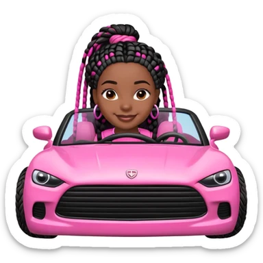 A dark-skinned Black woman with black box braids, driving a pink car sticker