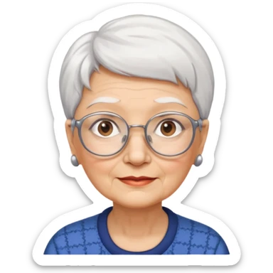 Create me emoji of an old lady. Short white hair to left side. Square glasses. Brown eyes. Rounded bigger face. Wide nose sticker