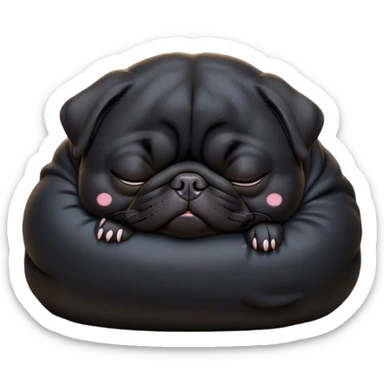 Cinematic Meme-Worthy Chubby Sleeping Black Pug Portrait Emoji, Head resting peacefully with a contented smile, showcasing a delightfully chubby build and a luxuriously soft black coat, eyes shut in a serene nap, Simplified yet hilariously adorable features, highly detailed, glowing with a soft, drowsy light, high shine, relaxed and utterly lovable, stylized with an air of playful laziness, bright and heartwarming, soft glowing outline, capturing the essence of a comically sleepy companion, so meme-worthy it feels like it could instantly become the next viral sensation of adorable slumber! sticker