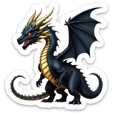 Massive ancient black dragon with obsidian scales, scarred powerful wings, glowing gold eyes, long curved horns, spiked neck ridges, and a brutal morningstar tail. Intimidating, muscular, regal presence. sticker