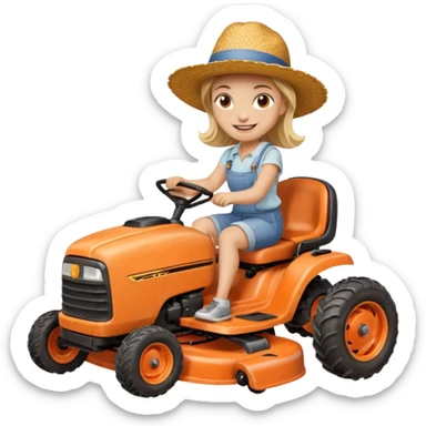 White woman without glasses wearing a straw hat, on old orange ride on lawn mower.  sticker
