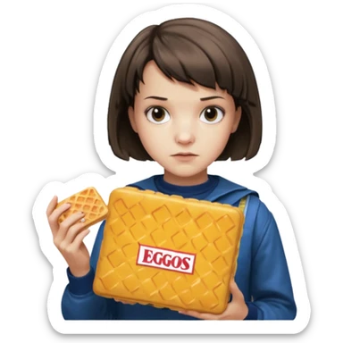Eleven from Stranger Things, short hair, intense expression, 80s style outfit, holding a box of Eggo waffles sticker