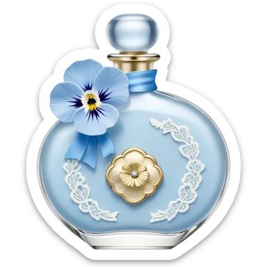 On a background of textured ivory lace, a delicate frosted glass perfume bottle sits at the center, adorned with a pale blue satin ribbon, tied into an elegant bow. The soft translucency of the bottle hints at the floral notes hidden within, while a cluster of white and sky-blue pansies rests beside it, their velvety petals curling slightly at the edges. The light reflects gently off the intricate patterns in the lace, creating an ethereal interplay of textures and shadows, enhancing the dreamy, vintage aesthetic. sticker