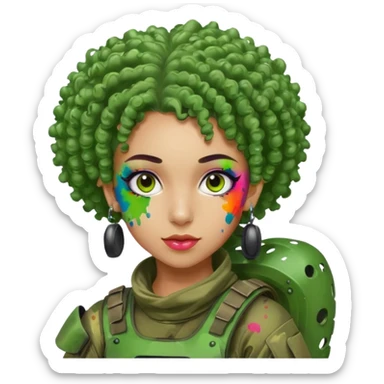 green curly haired painitball player with big earrings guy shot with lots of colors sticker