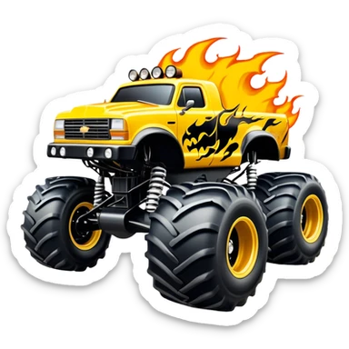Maximum Destruction - Monster Jam (Model Year: 2021) (Iconic colour: Yellow with black flames) - A ferocious monster truck featuring a vivid yellow base accented by dramatic black flame patterns. Emphasize sharp, high-contrast flame streaks across the body, creating a look of aggressive, explosive energy. sticker