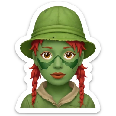 messy green full face green clay mask and tourist hat red hair  sticker