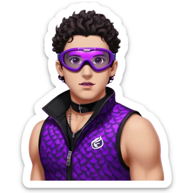 close-up of bad guy male athlete with white skin and moderately curly dark brown hair on top with shaved sides, wearing ski goggles with purple frames and very dark black lenses, a simple plain black chain necklace, and a completely unzipped sleeveless vest with purple and black sequin fire pattern design with no logo, with an extremely arrogant expression sticking his tongue out mockingly, looking menacing and villainous sticker