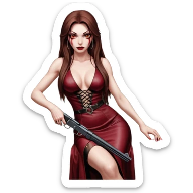 Lilith red eye seductress evil long brown haired sexy succubus woman with leather long dress with slit on, sitting in Big Large F350 pickup truck. Back seat full of stacks of cash, she is  Holding a human skull of her enemies and a gun in other hand sticker