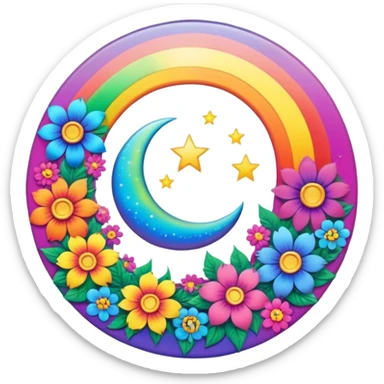 A round psychedelic colored button with a rainbow colored damask style moon and hippie flowers in the center sticker