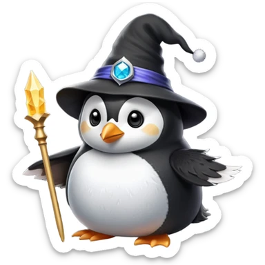 penguin wizard with a pointy hat and magic wand sticker