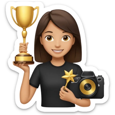 A brunette girl smiling, she’s a proud and successful filmmaker 🍿🌍✨ she’s next to a camera, / holding awards  sticker