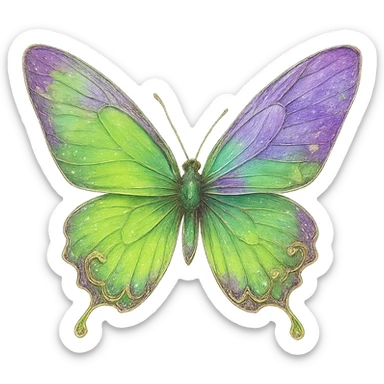 Create an exact butterfly as in the example image with original violet and #c0ff53 green colors blending smoothly. Maintain all effects, gloss, and details. No background. sticker