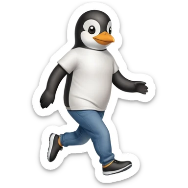 friendly anthropomorphised penguin in jeans and a t-shirt jogging upright relaxed pose no sunglasses sticker
