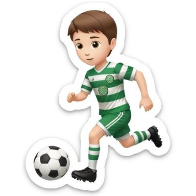Celtic footballer jersey logo  6 years old brown hair white boy , brown eyes , stripes uniform , RUNNING  with soccer ball # 17 celtic football logo PUT ONLY ONE LOGO sticker