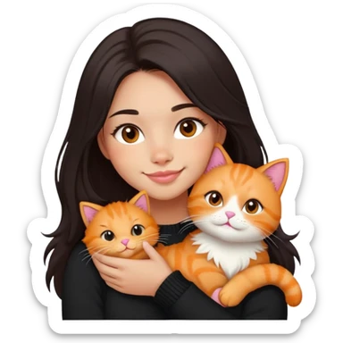 A girl with long dark hair, medium skin tone, soft round face, nose stud, and pink lips, wearing a black sweater holding a fluffy orange cat in her right arm while smiling slightly sticker