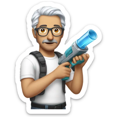 Turkish man with grey hair and protective glasses and white t-shirt aiming a small water gun with one hand while standing sideways sticker