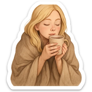 blonde girl cozy in a blanket, sipping coffee, eyes closed, enjoying warmth sticker