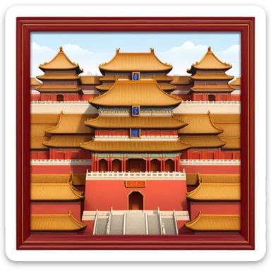 Cinematic Realistic Forbidden City Landmark Emoji, depicting grand imperial architecture with golden rooftops, vast courtyards, and intricate wooden carvings, all surrounded by towering red walls. sticker