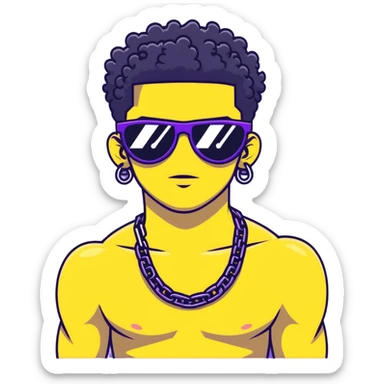 shirtless male athlete with white skin and moderately curly black hair on top with shaved sides, wearing purple sunglasses with black tinted lenses and a plain black chain necklace without pendant sticker