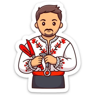 Ukrainian man in traditional embroidered vyshyvanka shirt holding red scissors in one hand and a spanner in the other hand sticker